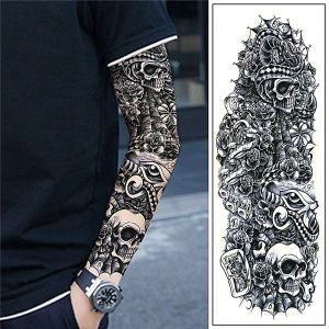 Black and Grey Skull and Snake Sleeve Temporary Tattoo Body Art Transfer No. 10