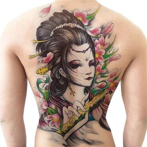 Sketch Style Oriental Lady Full Back Temporary Tattoo Body Art Transfer No. 24