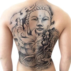 Grey Stone Buddha Full Back Temporary Tattoo Body Art Transfer No. 26