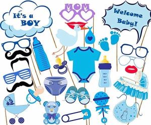 27PCS Baby Shower Photo Booth Props Little Boy New Born Party Decoration in Blue