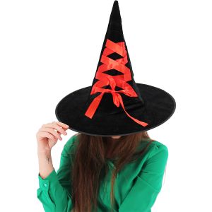 Bewitching Red Witches Pointed Hat With Red Ribbon Halloween Fancy Dress Accessory