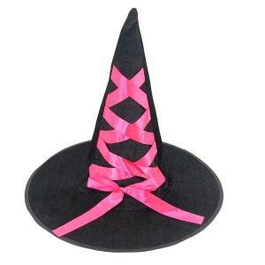 Bewitching Black Witches Pointed Hat With Pink Ribbon Halloween Fancy Dress Accessory