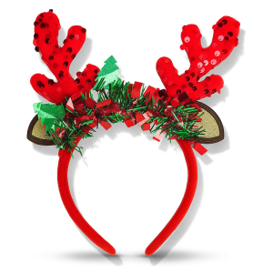 Christmas Festive Headband - Red Sequin Reindeer Antler With Tinsel