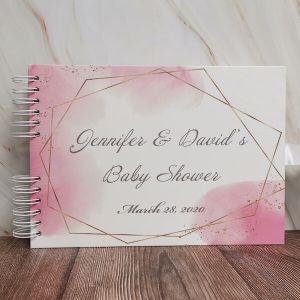 CUSTOM Pink Watercolour and Gold Geometric Frame and Speckles Guestbook with Different Page Options