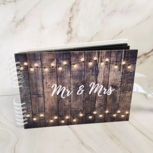 Dark Rustic Wood Warming Fairy Lights With 'Mr & Mrs' Message