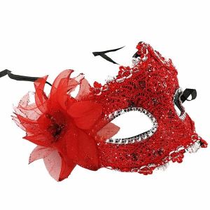 Elegant Lace Floral Masquerade Mask In Red  