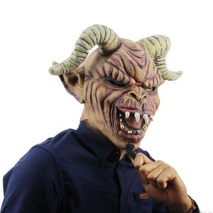 Wrinkled Devil Mask with Long Horns Halloween Fancy Dress Costume 