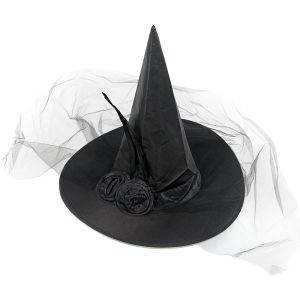 Flowered Black Witches Pointed Hat with Net Veil Halloween Fancy Dress Accessory