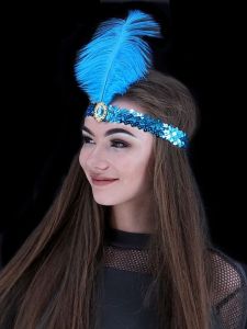 Gatsby Sequin Feathered Headband in Light Blue 
