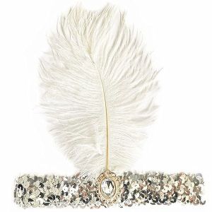 Gatsby Sequin Feathered Headband in Silver 