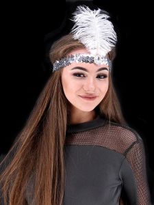 Gatsby Sequin Feathered Headband in Silver 
