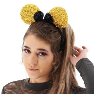 Glitter Gold and Black Mouse Style Ears and Bow 