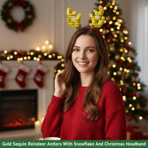 Gold Sequin Reindeer Antlers With Snowflake And Holly Christmas Headband