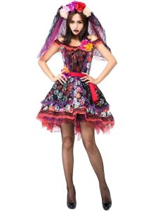 Multi-Coloured Skull and Roses Day of the Dead Women’s Halloween Fancy Dress Costume