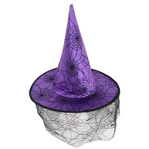 Purple & Black Spider Webs Witches Pointed Hat With Face Web Netting Halloween Fancy Dress Accessory