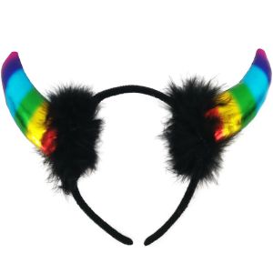 Rainbow Devil Horns with Fur Headband