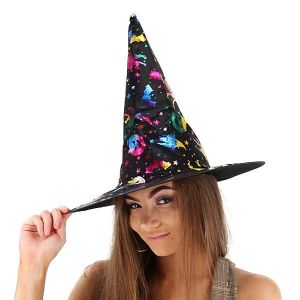 Shimmery Rainbow & Black Wizard & Witches Pointed Hat Halloween Fancy Dress Accessory
