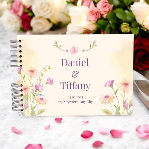 Custom Cream Purple Watercolour Flower Wedding Guest Book with Different Page Options-No. 159