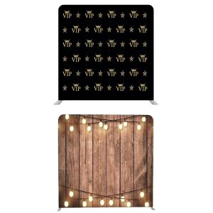 8ft*7.5ft Rustic Wood with Fairy Lights and Black and Gold VIP Backdrop, With or Without Tension Frame