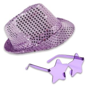 Sequin Fedora Gangster Trilby Hat With Star Glasses Set - Light Purple