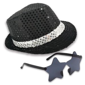 Sequin Fedora Gangster Trilby Hat With Star Glasses Set - Black With White Band