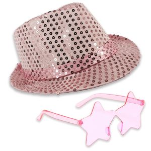 Sequin Fedora Gangster Trilby Hat With Star Glasses Set - Light Pink