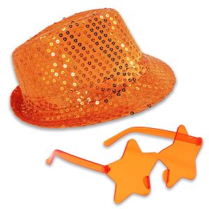 Sequin Fedora Gangster Trilby Hat With Star Glasses Set - Orange