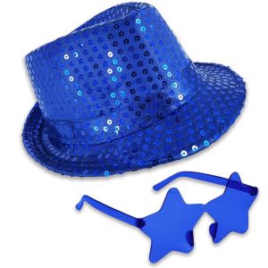 Sequin Fedora Gangster Trilby Hat With Star Glasses Set - Royal Blue