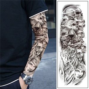 Black and Grey Fallen Angel Halloween Skull Sleeve Temporary Tattoo Body Art Transfer No. 37