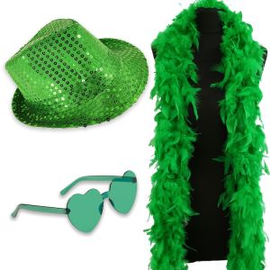 Sequin Fedora Gangster Trilby Hat with Heart Glasses and Feather Boa Set - Green
