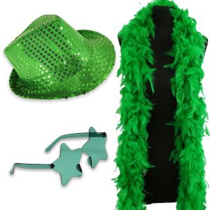 Sequin Fedora Gangster Trilby Hat with Star Glasses and Feather Boa Set - Green