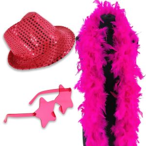 Sequin Fedora Gangster Trilby Hat with Star Glasses and Feather Boa Set - Hot Pink