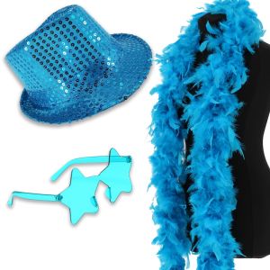 Sequin Fedora Gangster Trilby Hat with Star Glasses and Feather Boa Set - Sky Blue