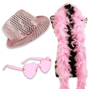 Sequin Fedora Gangster Trilby Hat with Heart Glasses and Feather Boa Set - Light Pink