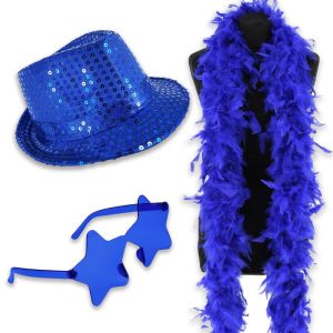 Sequin Fedora Gangster Trilby Hat with Star Glasses and Feather Boa Set - Royal Blue