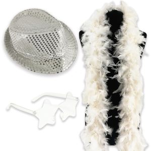 Sequin Fedora Gangster Trilby Hat with Star Glasses and Feather Boa Set - Silver