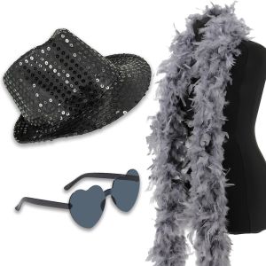 Sequin Fedora Gangster Trilby Hat with Heart Glasses and Feather Boa Set - Black