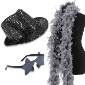 Sequin Fedora Gangster Trilby Hat with Star Glasses and Feather Boa Set - Black