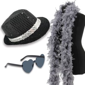 Sequin Fedora Gangster Trilby Hat with Heart Glasses and Feather Boa Set - Black With White Band