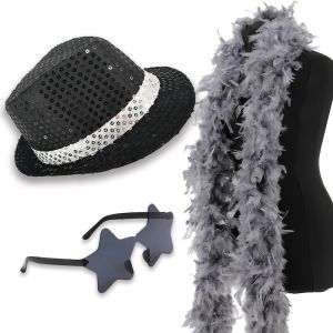 Sequin Fedora Gangster Trilby Hat with Star Glasses and Feather Boa Set - Black With White Band
