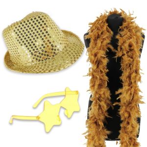 Sequin Fedora Gangster Trilby Hat with Star Glasses and Feather Boa Set - Gold