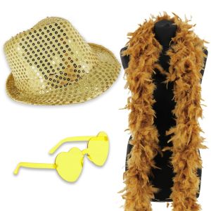 Sequin Fedora Gangster Trilby Hat with Heart Glasses and Feather Boa Set - Gold