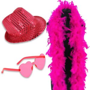 Sequin Fedora Gangster Trilby Hat with Heart Glasses and Feather Boa Set - Hot Pink
