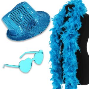 Sequin Fedora Gangster Trilby Hat with Heart Glasses and Feather Boa Set - Sky Blue