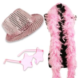 Sequin Fedora Gangster Trilby Hat with Star Glasses and Feather Boa Set - Light Pink