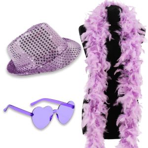 Sequin Fedora Gangster Trilby Hat with Heart Glasses and Feather Boa Set - Light Purple