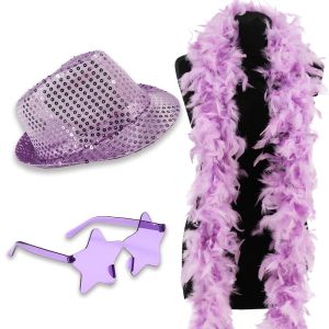 Sequin Fedora Gangster Trilby Hat with Star Glasses and Feather Boa Set - Light Purple