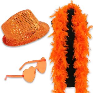 Sequin Fedora Gangster Trilby Hat with Heart Glasses and Feather Boa Set - Orange