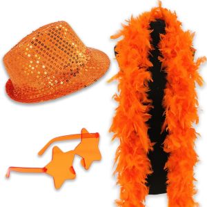 Sequin Fedora Gangster Trilby Hat with Star Glasses and Feather Boa Set - Orange