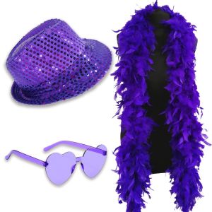 Sequin Fedora Gangster Trilby Hat with Heart Glasses and Feather Boa Set - Dark Purple